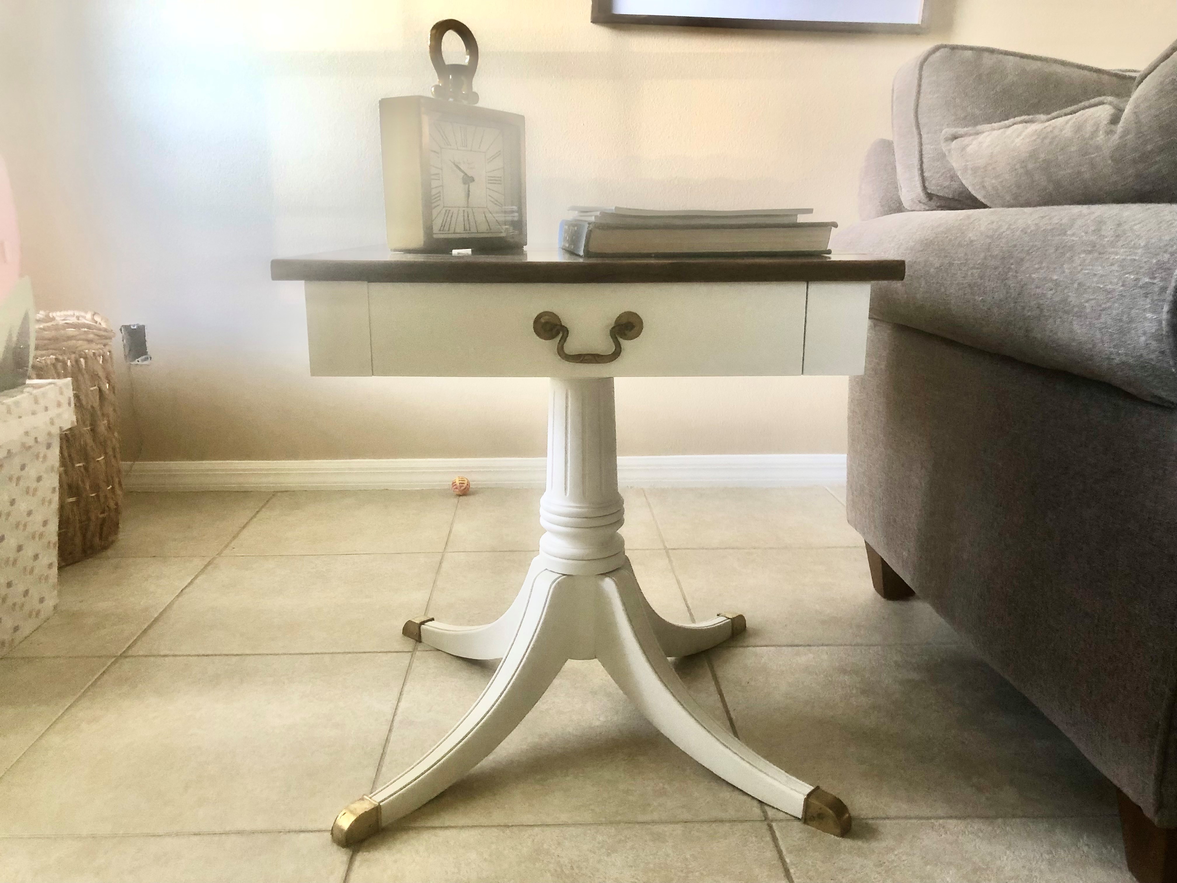 This side table was refinished and rebuilt with a new modern style square top with a functional full sliding drawer added to the front.